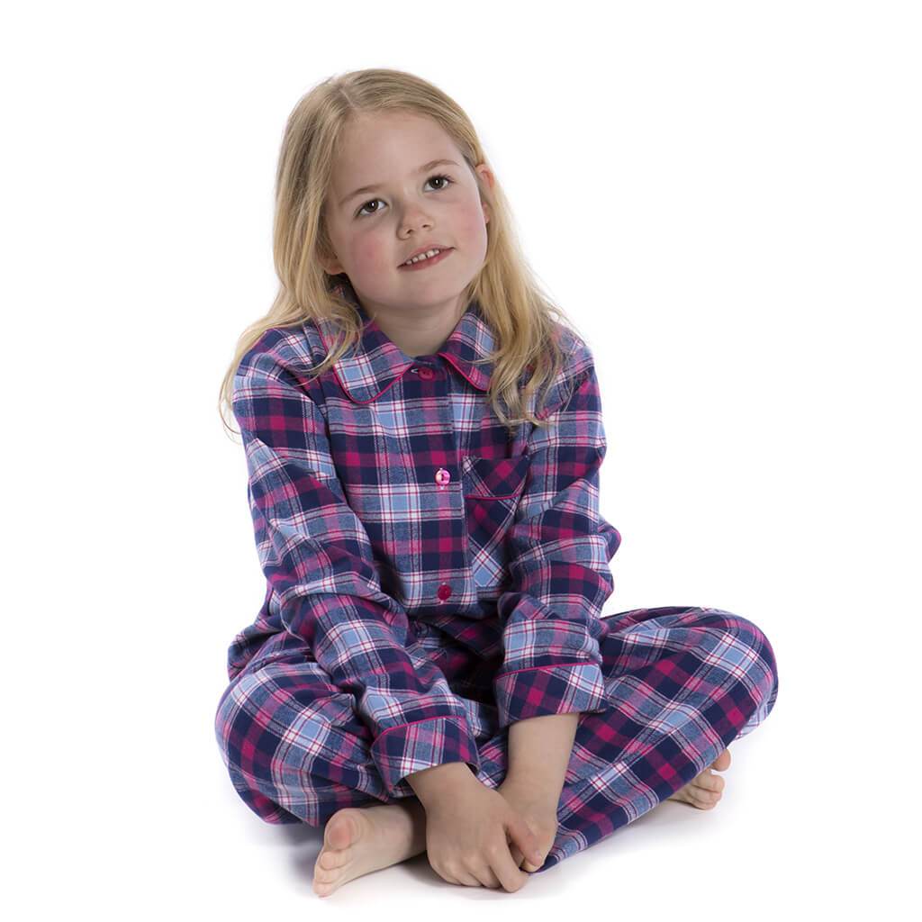 Girls Pyjamas in Brushed Cotton Pink and Navy Check - The Pyjama House
