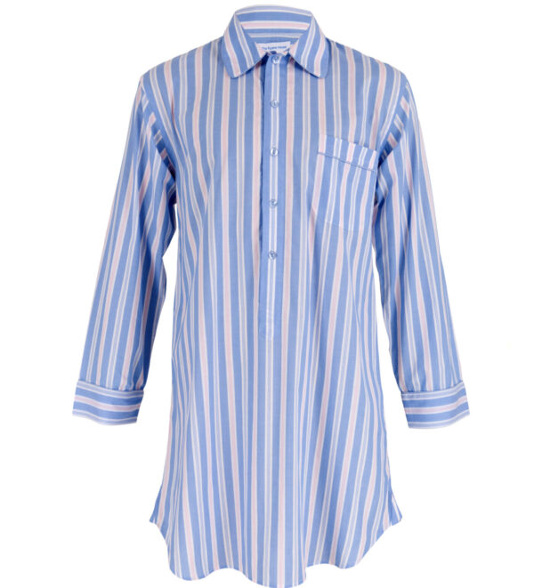 Adult Nightshirt in Fine Cotton Pale Blue with Pink Stripe - The Pyjama ...