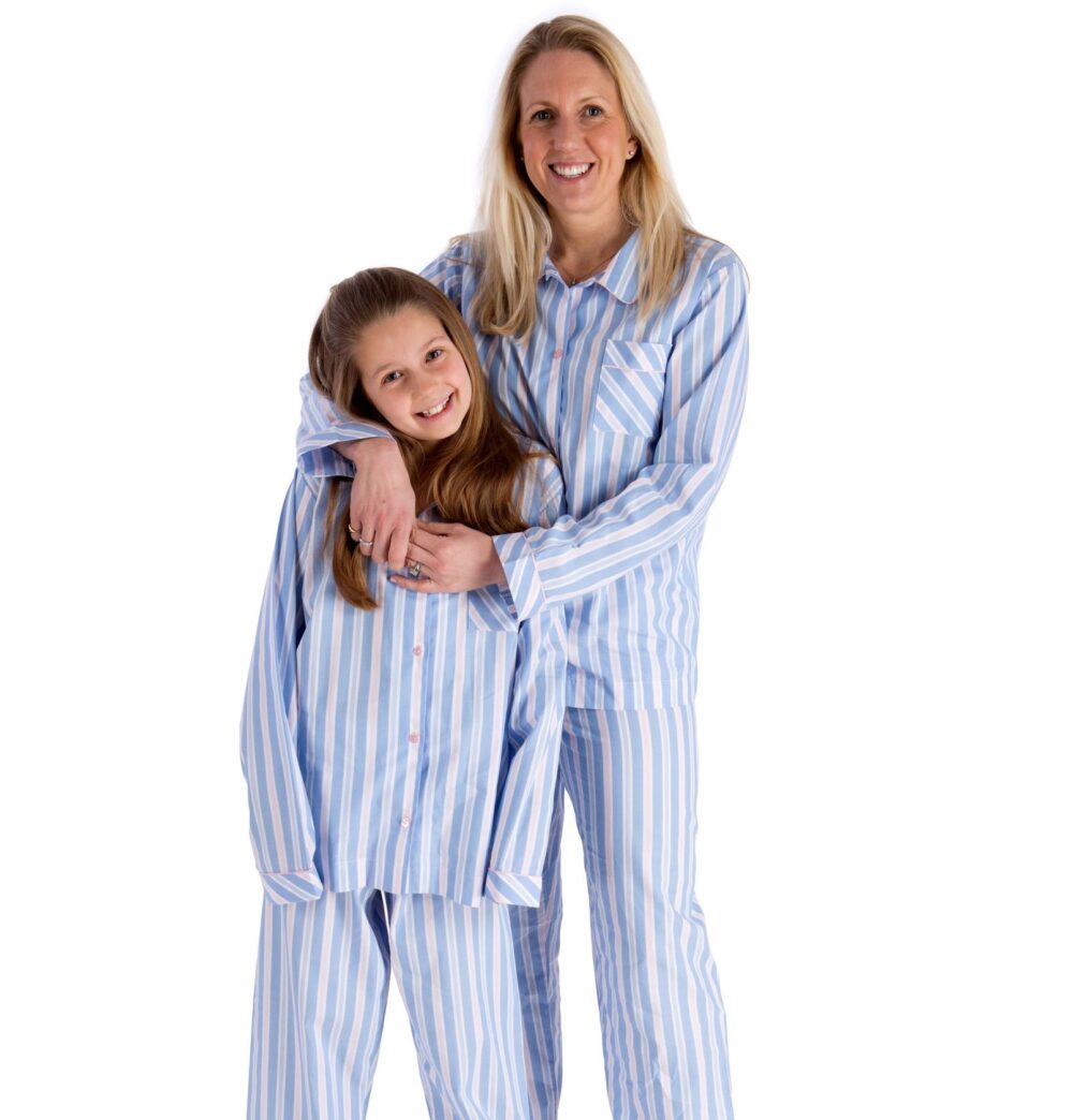 Ladies Pyjamas in Fine Cotton Pale Blue and Pink Stripe - The