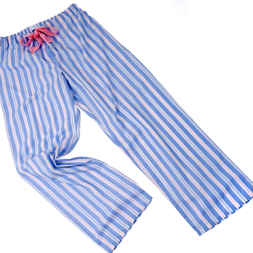 PJ Bottoms in Fine Cotton Pale Blue and Pink Stripe - The Pyjama House