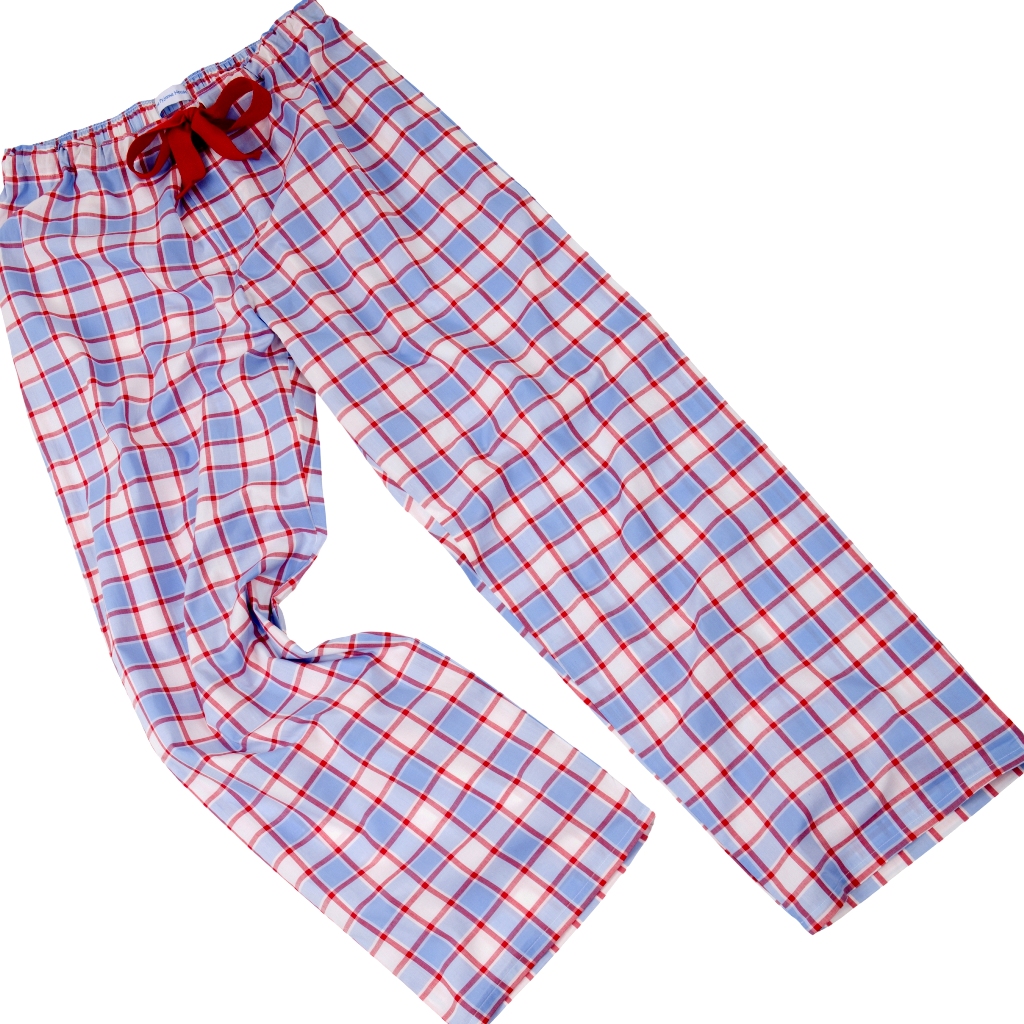 PJ Bottoms in Fine Cotton Pale Blue and Red Check - The Pyjama House