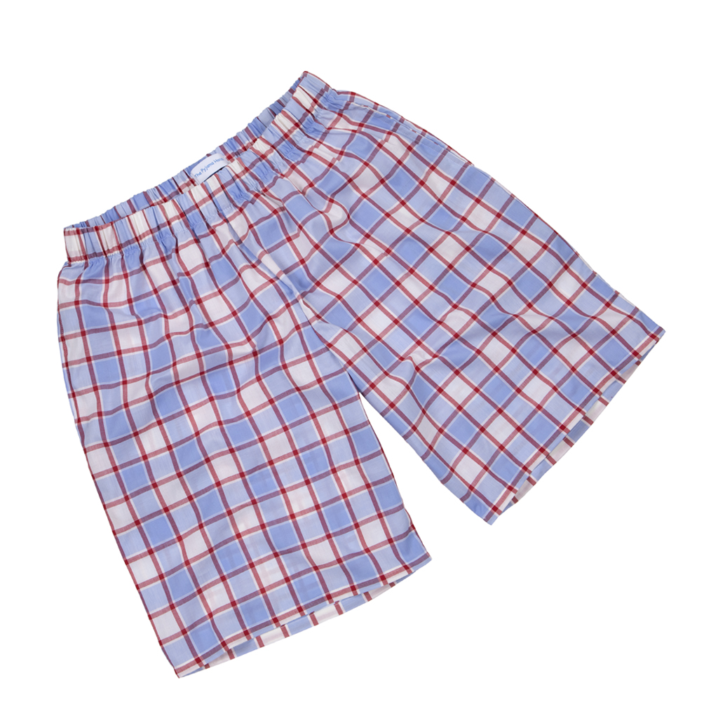 Boys Pyjama Shorts in Fine Cotton Pale Blue and Red Check - The Pyjama ...