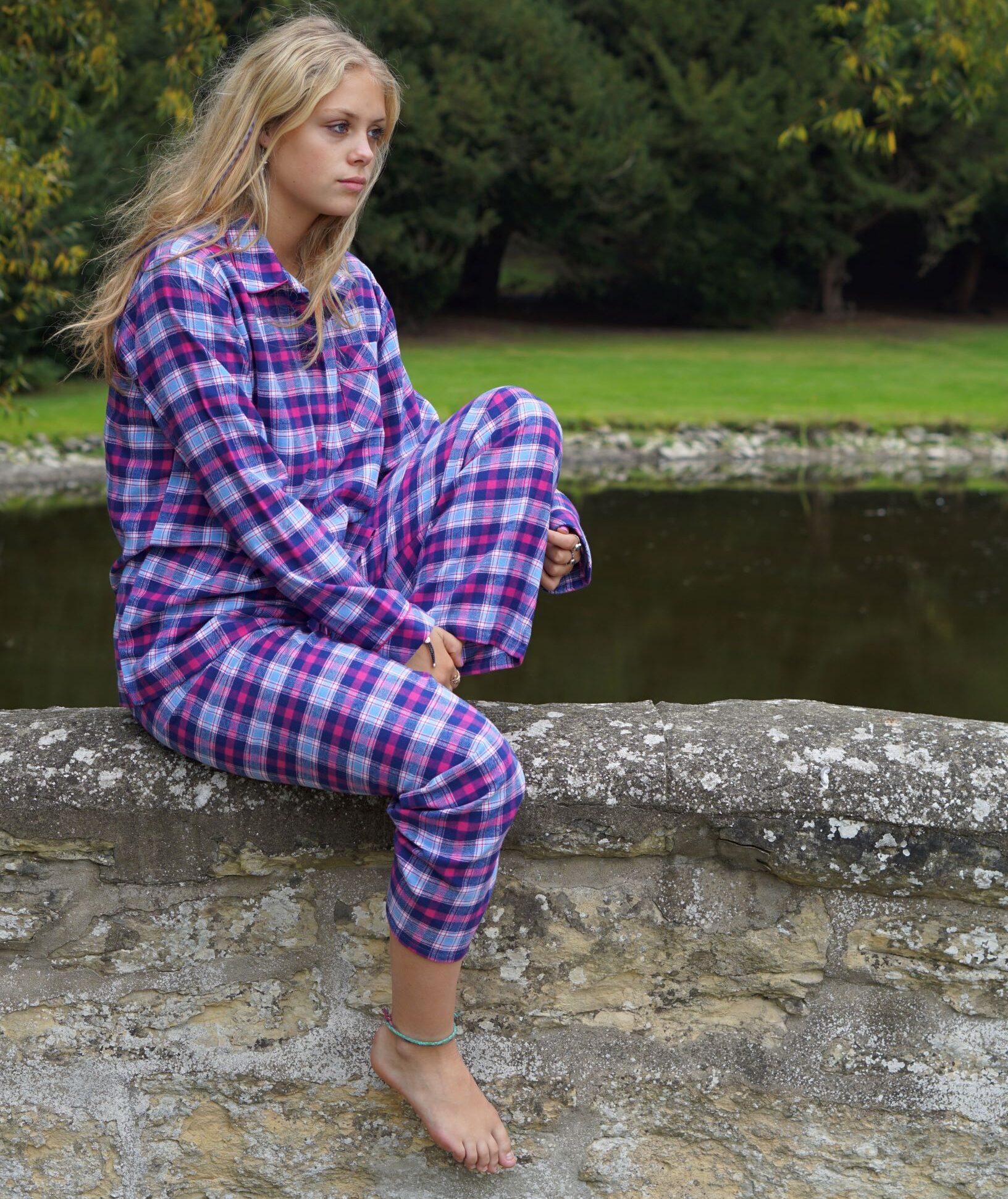 Landschap Kaarsen Temmen Ladies Pyjamas in Brushed Cotton Pink and Navy Check - The Pyjama House