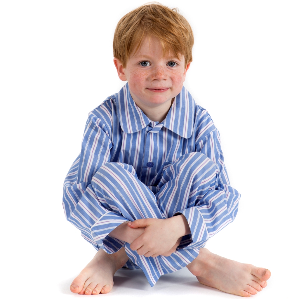 Boys Pyjamas in Fine Cotton Deep Blue and Dark Pink Stripe - The Pyjama  House