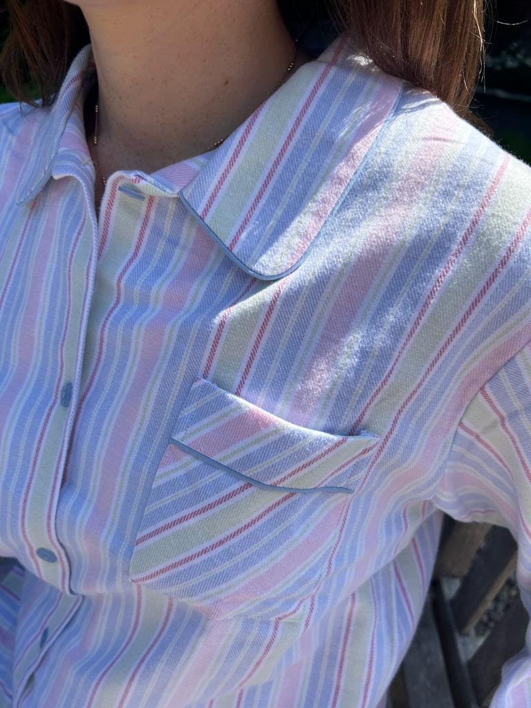 Ladies Pyjamas in Fine Cotton Pale Blue and Pink Stripe