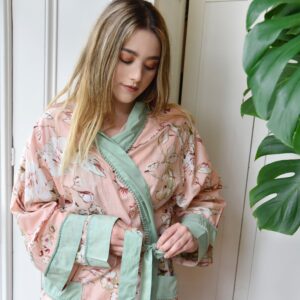 Pinky peach dressing gown Kimono-style wrap with pale mint trim by Powell Craft.