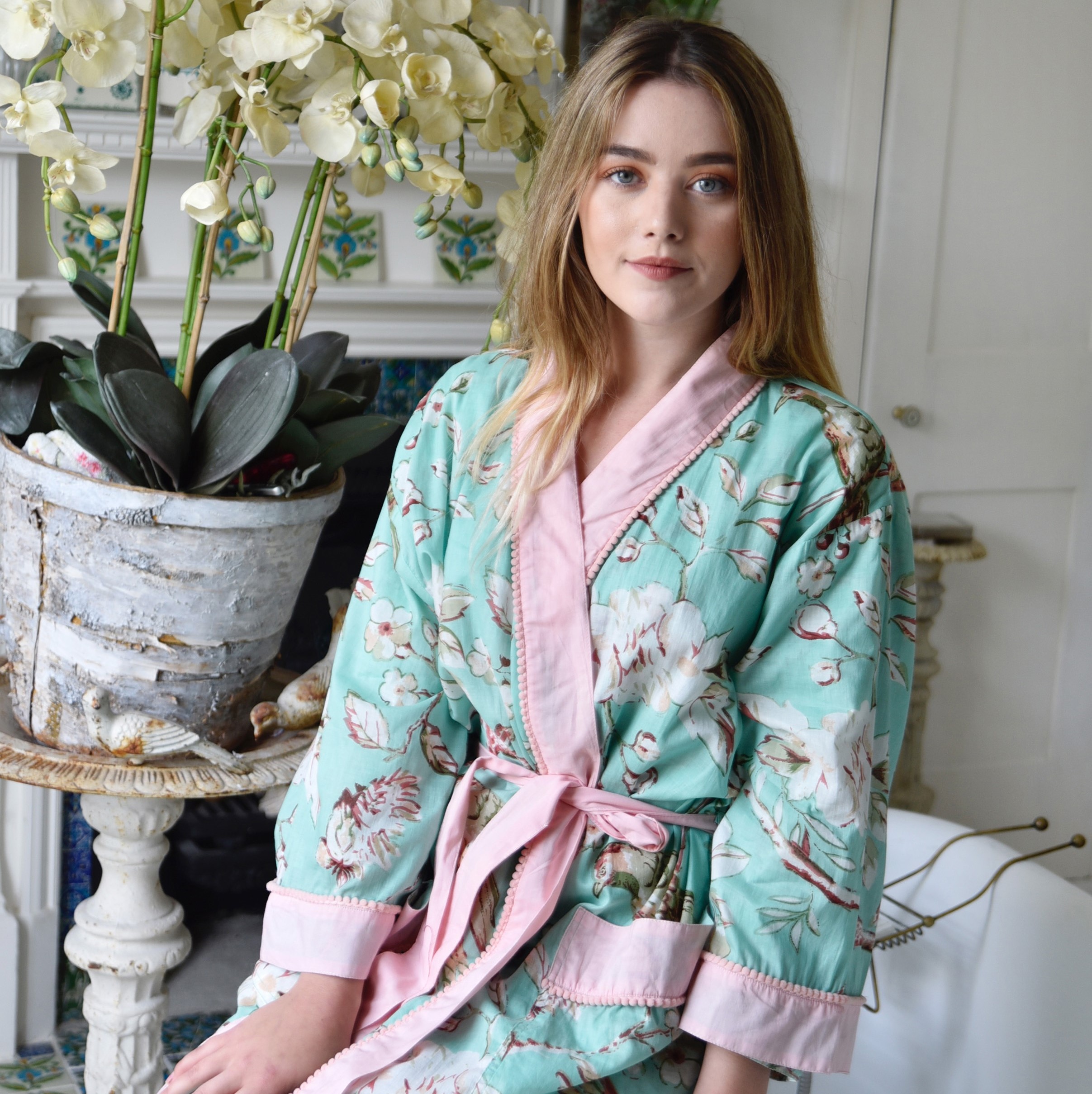 Mint floral 100% cotton Jaipur print dressing gown wrap by Powell Craft