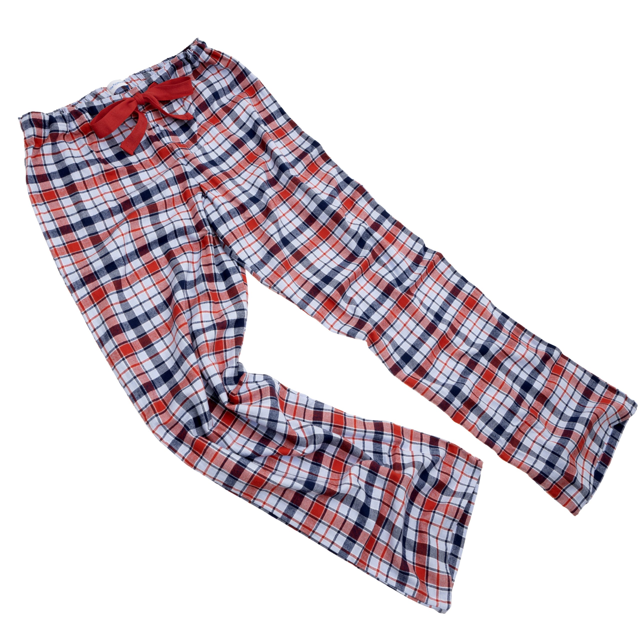 Pale blue, red and navy check brushed cotton pj bottoms with red tie