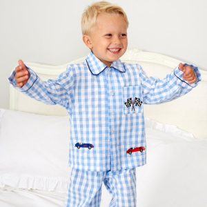 Pale blue and white check boys pyjamas, 100% cotton, with car motif
