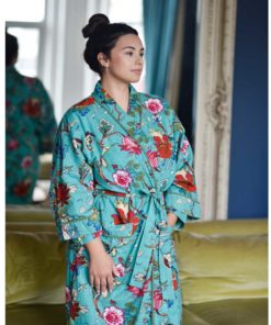 Ladies Cotton Kimono Teal Exotic Bird Dressing gown